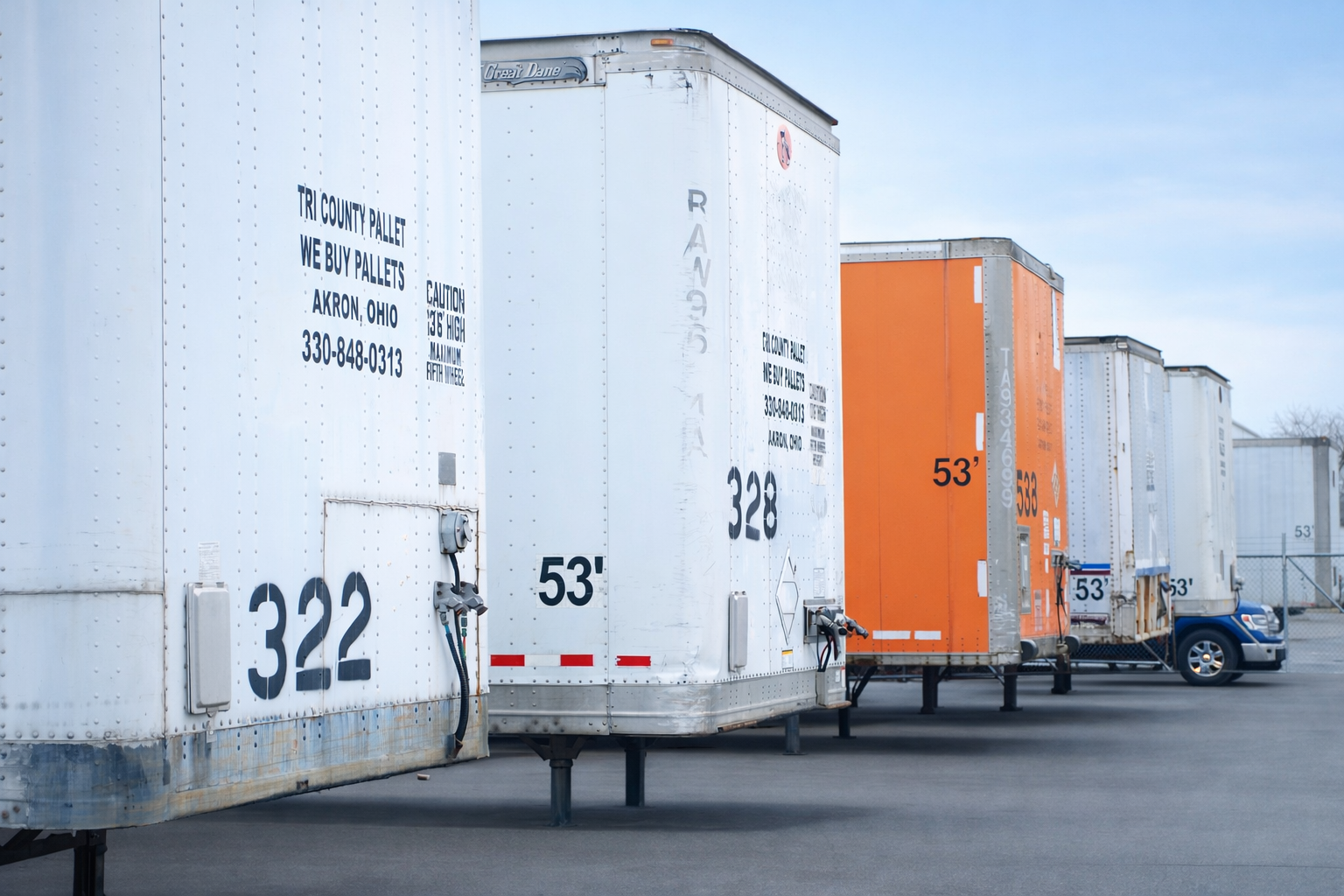 Tri County Pallet trailer fleet lined up at the yard