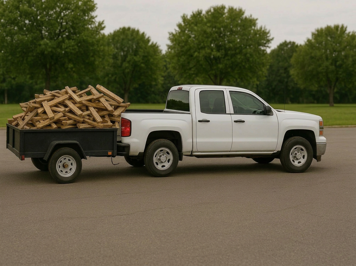 Pickup Truck / Trailer dropping off scrap wood at TCP's Akron yard