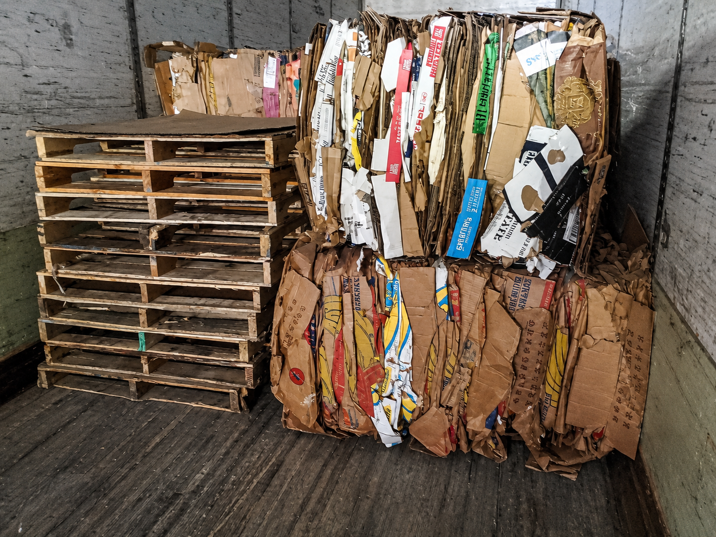 Stacked pallets and baled cardboard staged together inside a TCP trailer