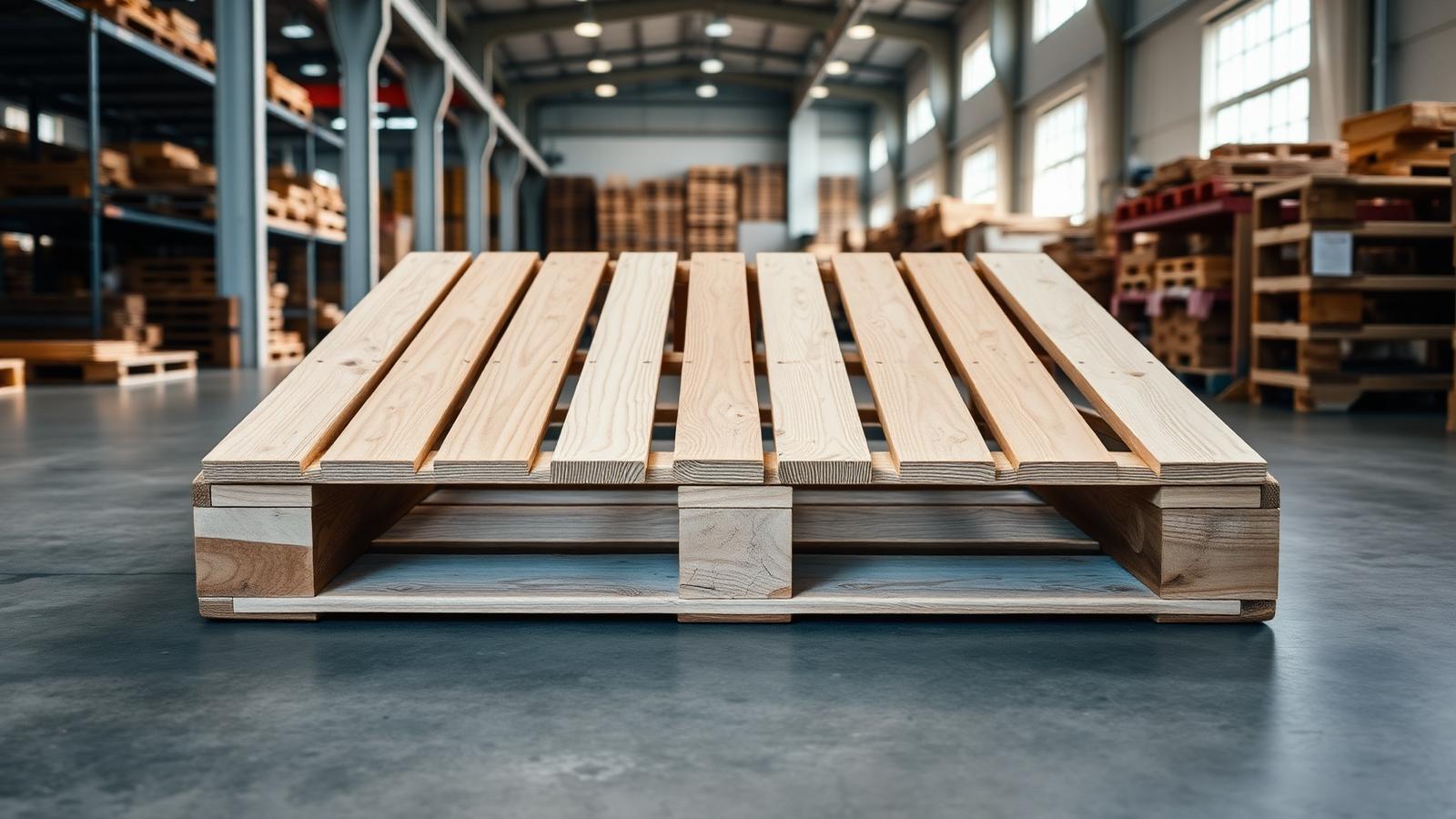 A freshly built new wooden GMA pallet on a clean concrete floor at the TCP yard