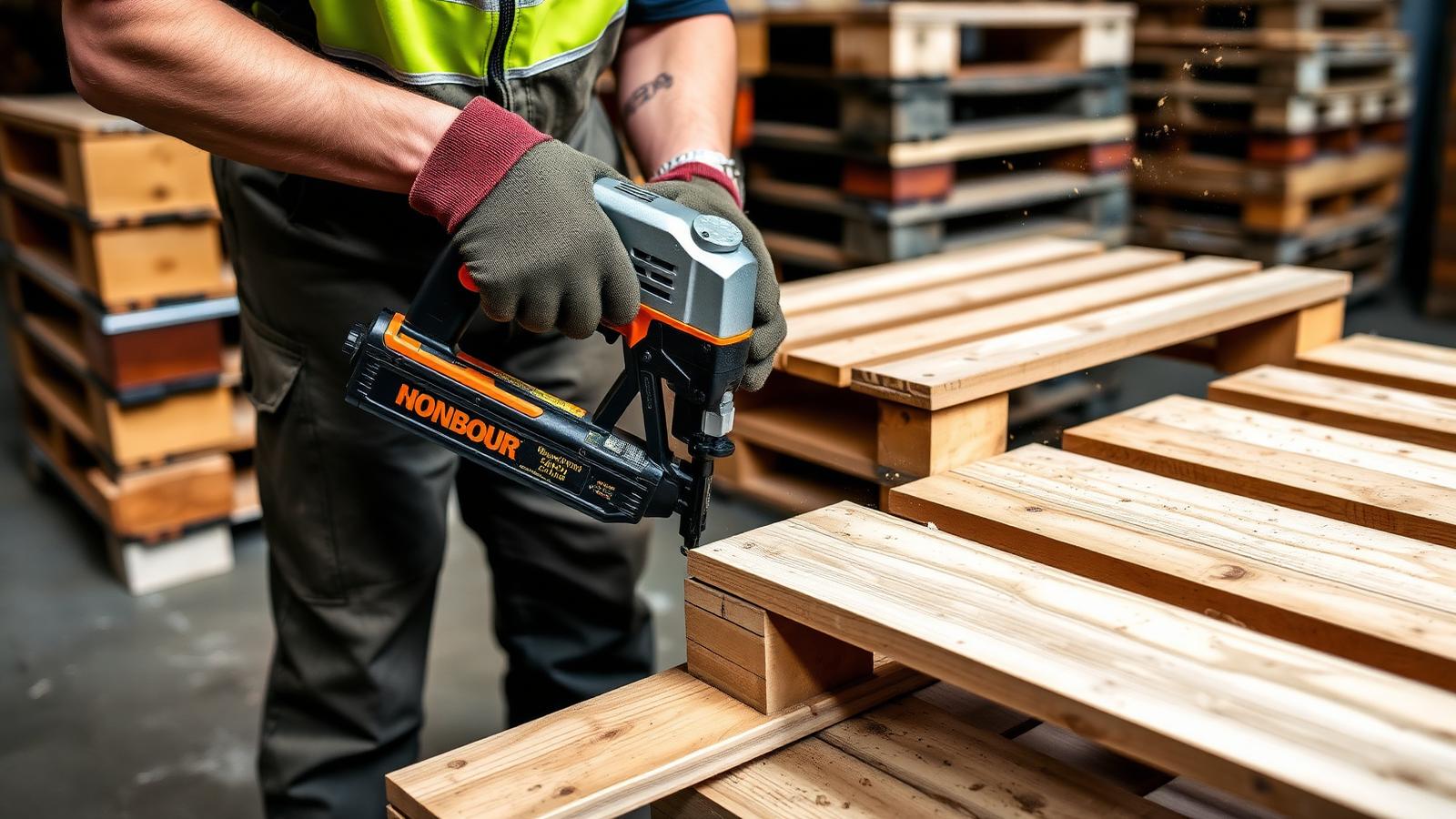 A worker using a nail gun to replace a broken deck board on a wooden pallet