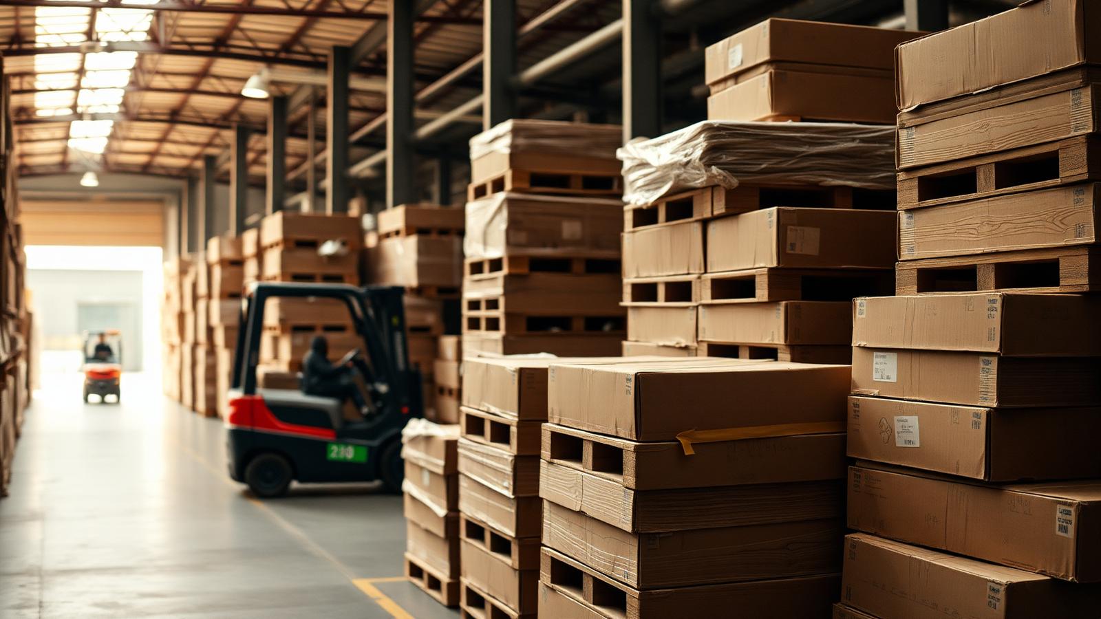 Pallets loaded with cardboard boxes inside a busy distribution warehouse